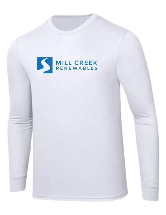 Simply Soft Long Sleeve White 4.5 oz, Poly/Combed Ring Spun Cotton T-Shirt w/Mill Creek Renewables Logo