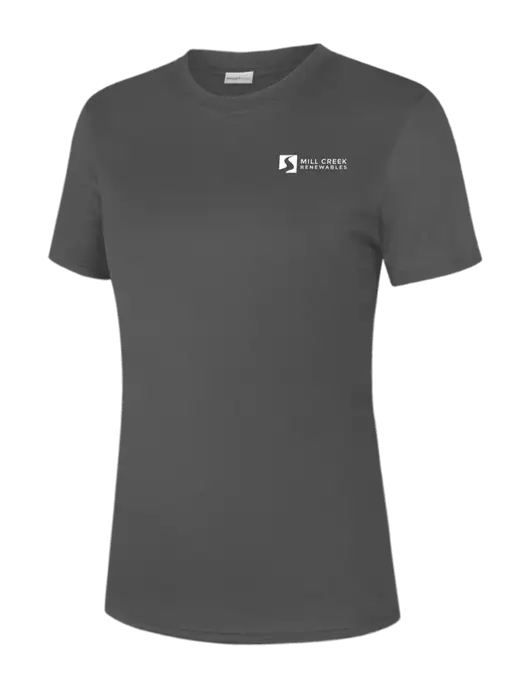  Womens Dark Grey PosiCharge Competitor Tee w/Mill Creek Renewables Logo