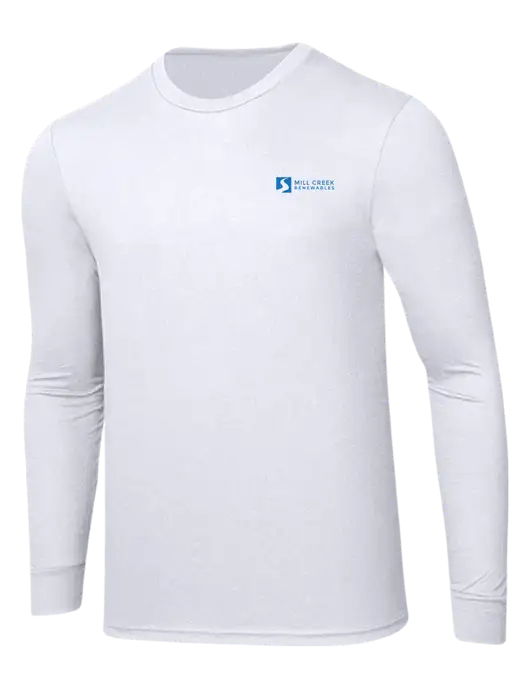 Simply Soft Long Sleeve White 4.5 oz, Poly/Combed Ring Spun Cotton T-Shirt w/Mill Creek Renewables Logo