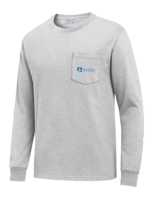 Light Grey Heather Long Sleeve Heavyweight 6.1 oz Pocket T-Shirt w/Mill Creek Renewables Logo