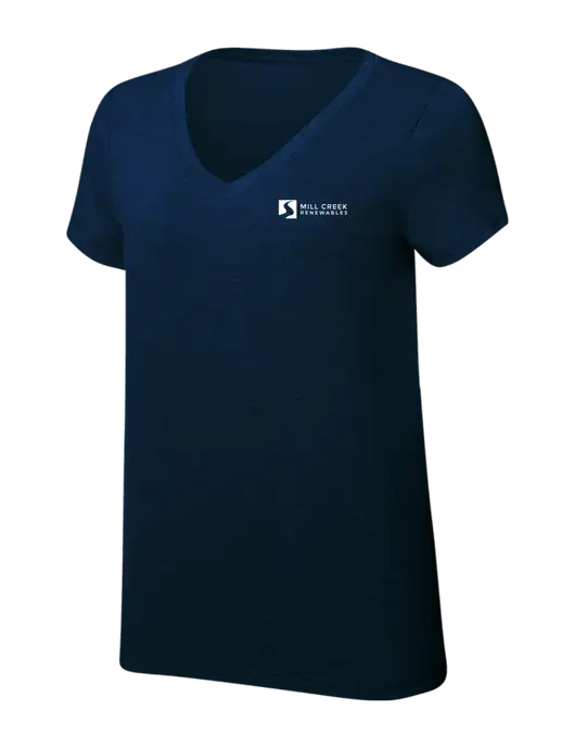 Womens Simply Soft V-Neck New Navy 4.5oz  Poly/Combed Ring Spun Cotton T-Shirt w/Mill Creek Renewables Logo