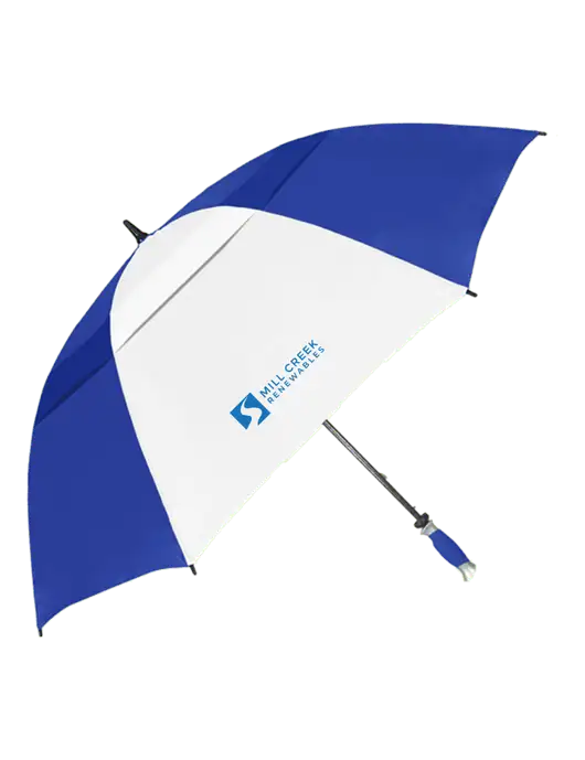 Royal/White Vented Typhoon Tamer Golf Umbrella w/Mill Creek Renewables Logo