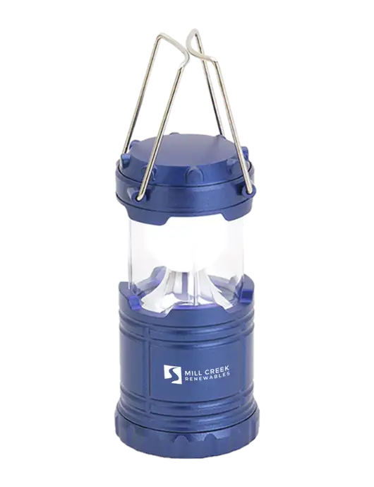 Blue Mini Retro Lantern w/Mill Creek Renewables Logo