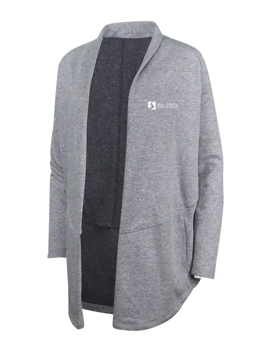 Medium Heather Grey/Char Heather Womens Interlock Cardigan w/Mill Creek Renewables Logo