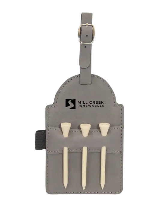 Grey Leatherette Golf Bag Tag with 3 Wooden Tees w/Mill Creek Renewables Logo