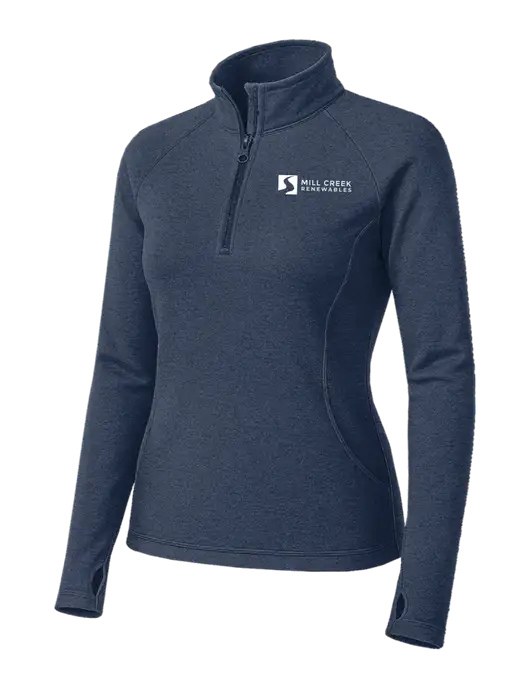 Navy Heather Womens Sport Wick Stretch 1/4 Zip Pullover w/Mill Creek Renewables Logo