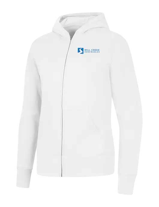 White Womens Core Fleece Full-Zip Hooded Sweatshirt w/Mill Creek Renewables Logo