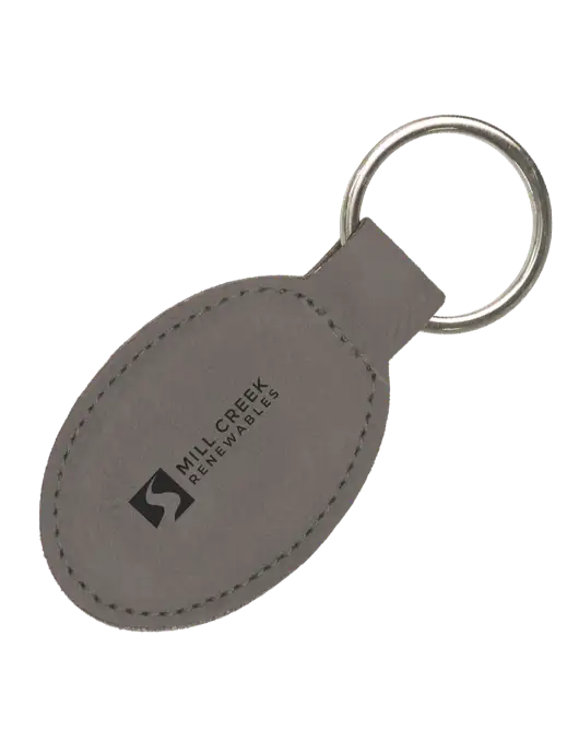 Grey Leatherette Oval Keychain w/Mill Creek Renewables Logo