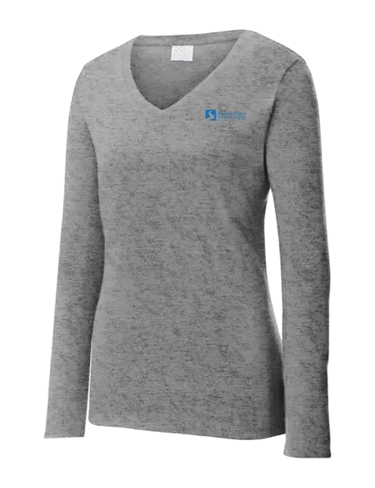 Womens  V-Neck Ring Spun Grey Heather 4.5 oz Long Sleeve T-Shirt w/Mill Creek Renewables Logo