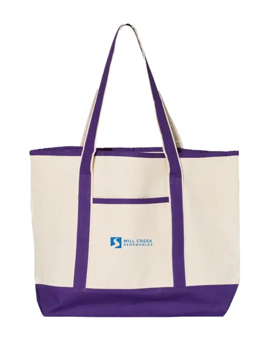 Natural/Purple Large Canvas Deluxe Tote w/Mill Creek Renewables Logo