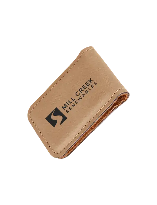 Tan Leatherette Money Clip w/Mill Creek Renewables Logo