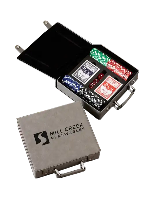 Grey Leatherette 100 Chip Poker Set w/Mill Creek Renewables Logo