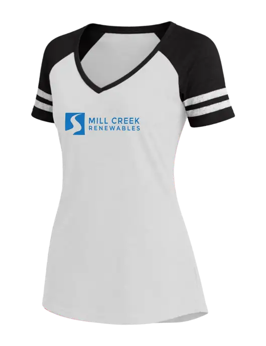 Womens White/Black V-Neck Game Tee w/Mill Creek Renewables Logo
