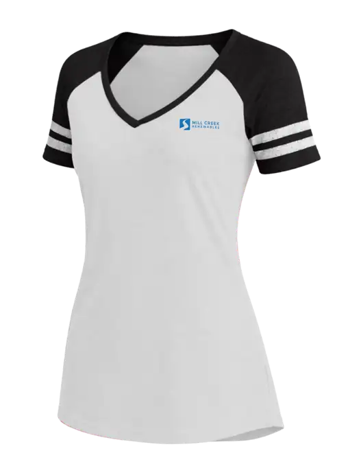 Womens White/Black V-Neck Game Tee w/Mill Creek Renewables Logo