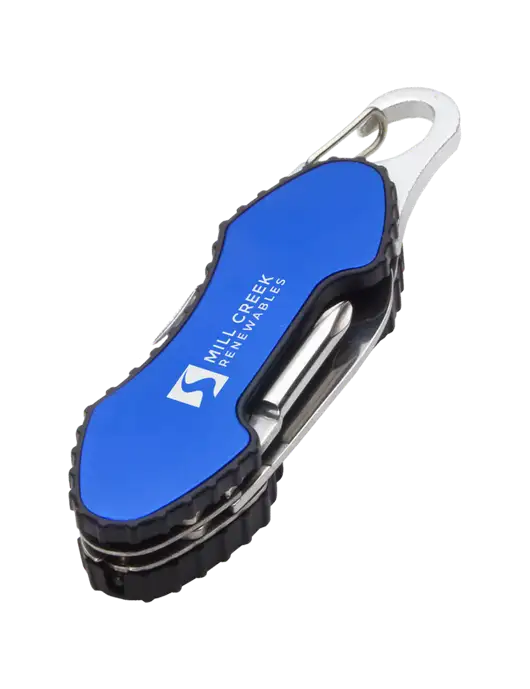Blue 6 in 1 Tool with Carabiner w/Mill Creek Renewables Logo