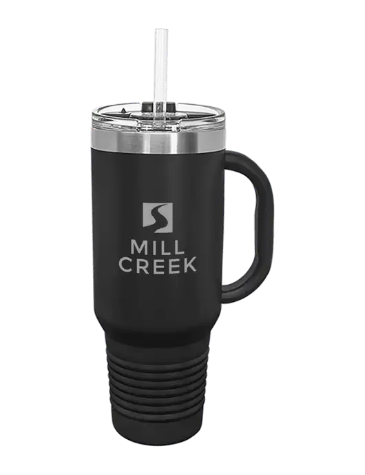 Polar Camel 40 oz. Powder Coated Vacuum Insulated Black Travel Mug with Straw w/Mill Creek Renewables Logo