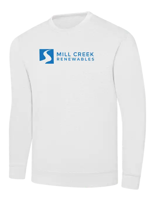 White 7.8 oz Ring Spun Crew Sweatshirt w/Mill Creek Renewables Logo