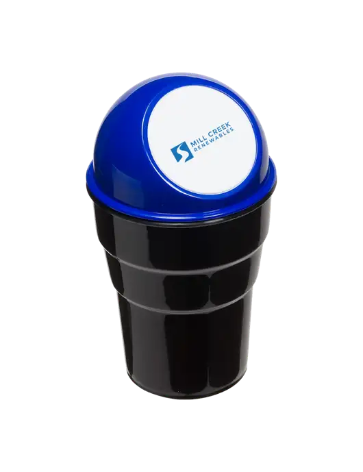 Blue Car Cup Holder Trash Can w/Mill Creek Renewables Logo