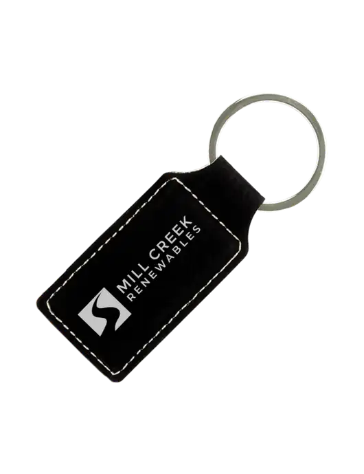 Black Laserable Leatherette Rectangle Keychain w/Mill Creek Renewables Logo