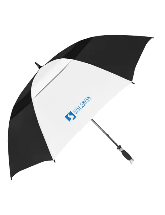 Black/White Vented Typhoon Tamer Golf Umbrella w/Mill Creek Renewables Logo