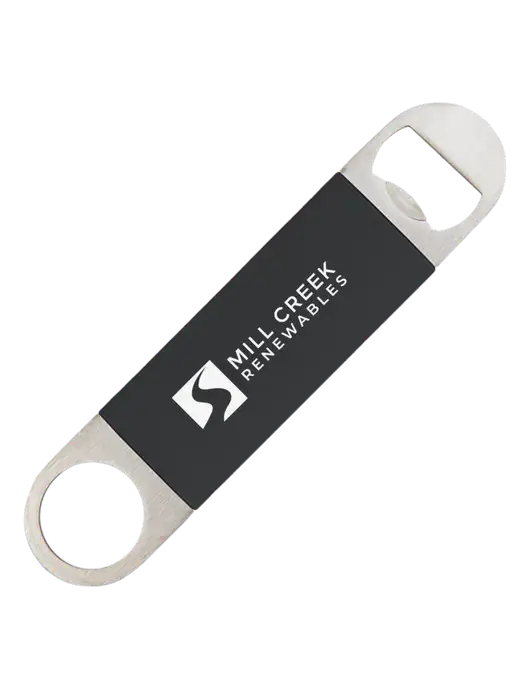 Black Bottle Opener with Silicone Grip w/Mill Creek Renewables Logo