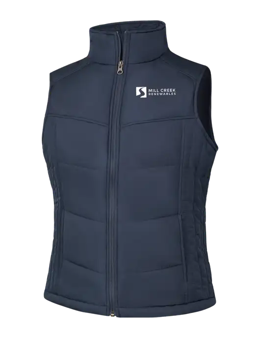  Womens Dark Slate/Black Puffy Vest w/Mill Creek Renewables Logo