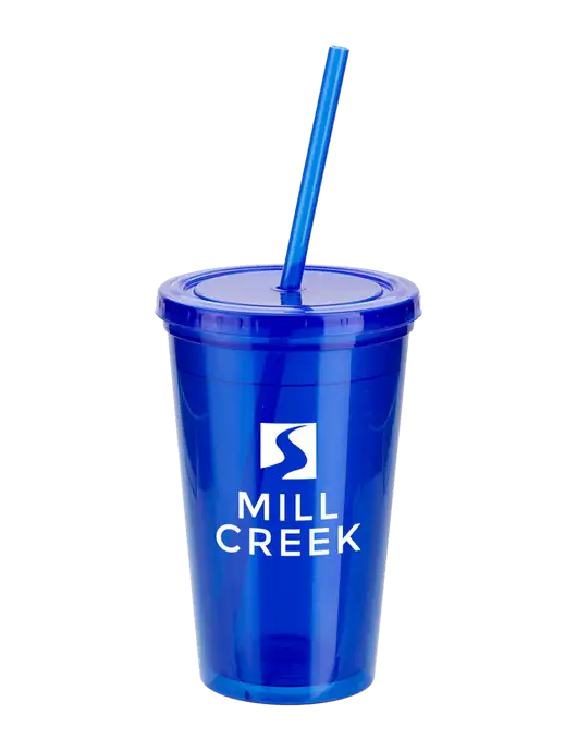 Sorrento Blue 16 oz Tumbler with Lid & Straw w/Mill Creek Renewables Logo