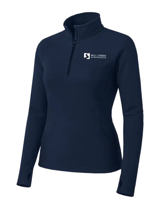 Navy Womens Sport Wick Stretch 1/4 Zip Pullover w/Mill Creek Renewables Logo
