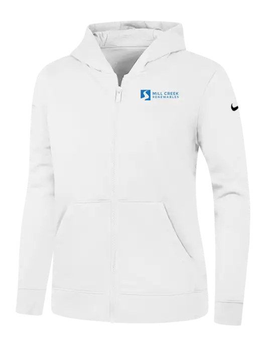 Nike Womens Club Fleece Sleeve Swoosh Full-Zip White Hoodie w/Mill Creek Renewables Logo