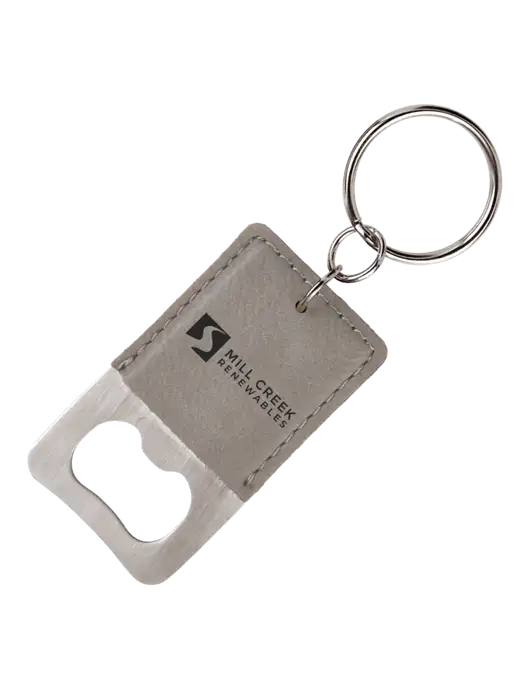 Grey Leatherette Rectangle Bottle Opener Keychain w/Mill Creek Renewables Logo