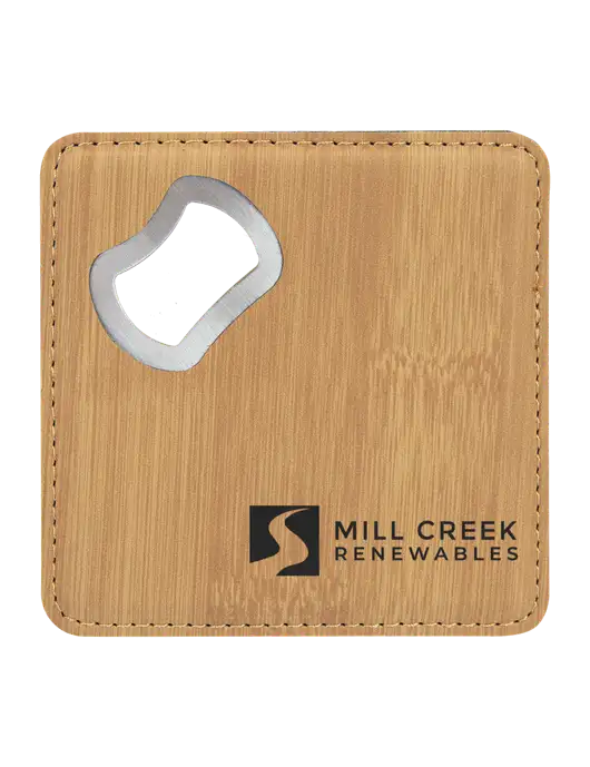 Bamboo Leatherette Coaster with Bottle Opener w/Mill Creek Renewables Logo