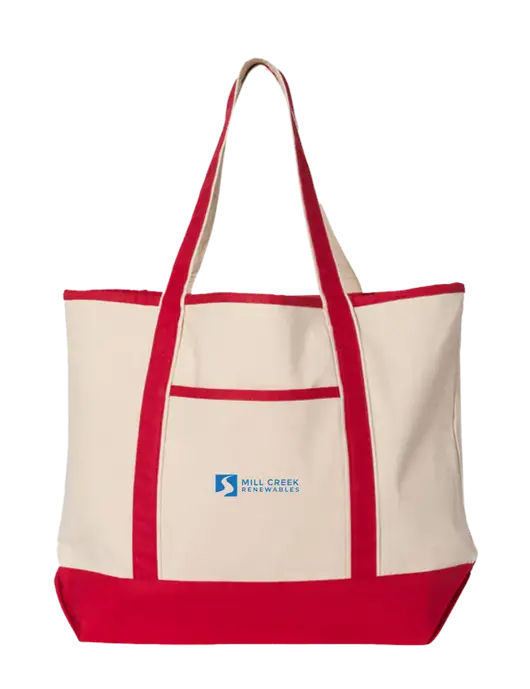 Natural/Red Large Canvas Deluxe Tote w/Mill Creek Renewables Logo