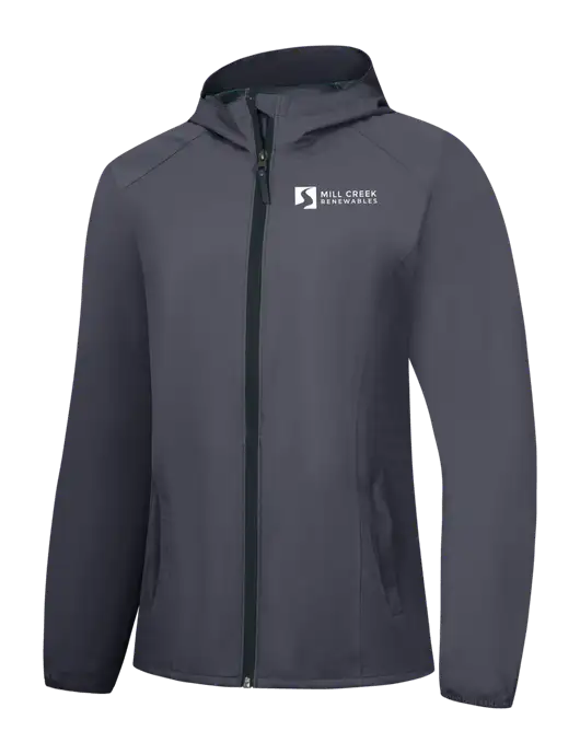 Womens Dark Grey Essential Rain Jacket w/Mill Creek Renewables Logo