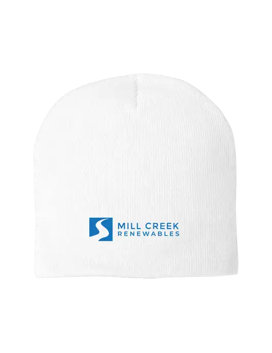 Solid White Element Knit Beanie w/Mill Creek Renewables Logo