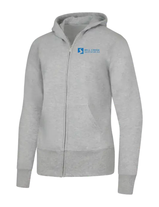 Grey Heather Womens Core Fleece Full-Zip Hooded Sweatshirt w/Mill Creek Renewables Logo