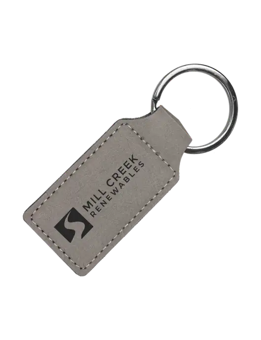 Grey Laserable Leatherette Rectangle Keychain w/Mill Creek Renewables Logo