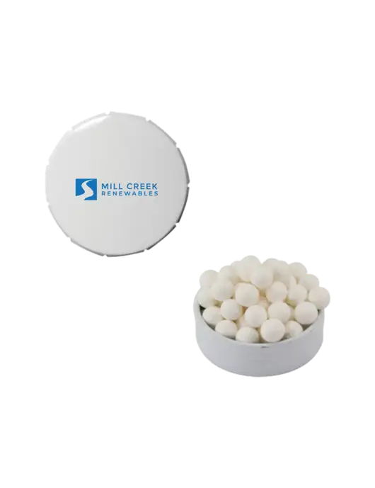 Signature Peppermints In White Snap Top Tin  w/Mill Creek Renewables Logo