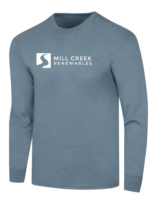 Simply Soft Long Sleeve Slate Blue Heather 4.5 oz, Poly/Combed Ring Spun Cotton T-Shirt w/Mill Creek Renewables Logo