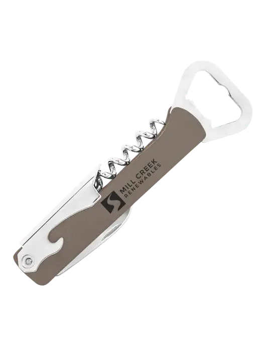 Grey Leatherette Wine Bottle Opener w/Mill Creek Renewables Logo