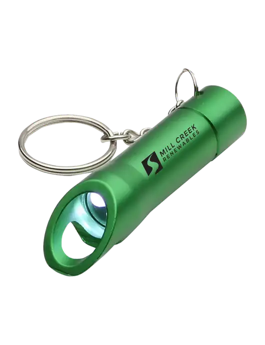 Medium Green Pocket LED Flashlight with Bottle Opener & Keychain w/Mill Creek Renewables Logo