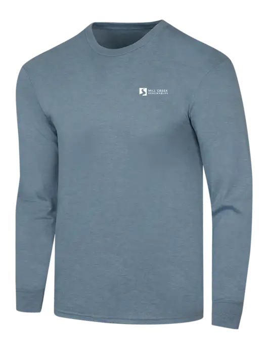 Simply Soft Long Sleeve Slate Blue Heather 4.5 oz, Poly/Combed Ring Spun Cotton T-Shirt w/Mill Creek Renewables Logo