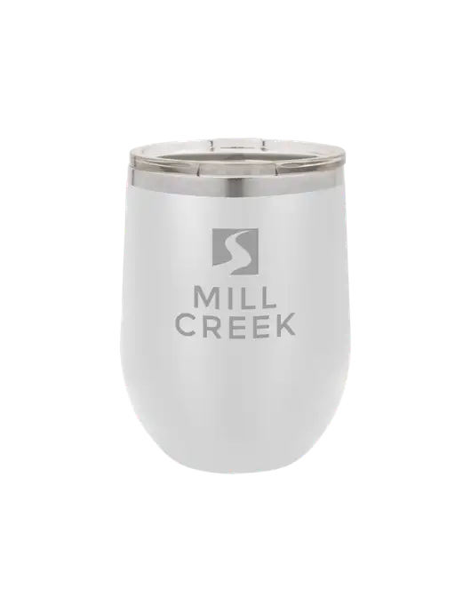 Polar Camel 12 oz Powder Coated White Vacuum Insulated Stemless Wine Tumbler w/Mill Creek Renewables Logo