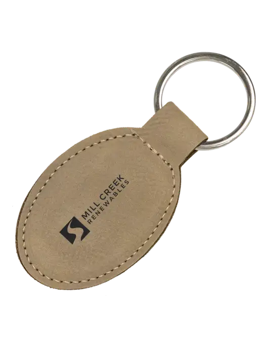 Tan Leatherette Oval Keychain w/Mill Creek Renewables Logo
