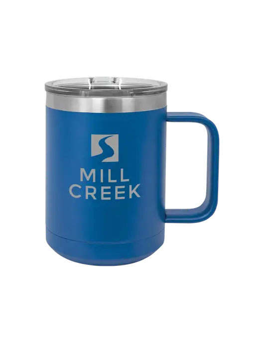 Polar Camel 15 oz Powder Coated Royal Vacuum Insulated Mug with Slider Lid w/Mill Creek Renewables Logo