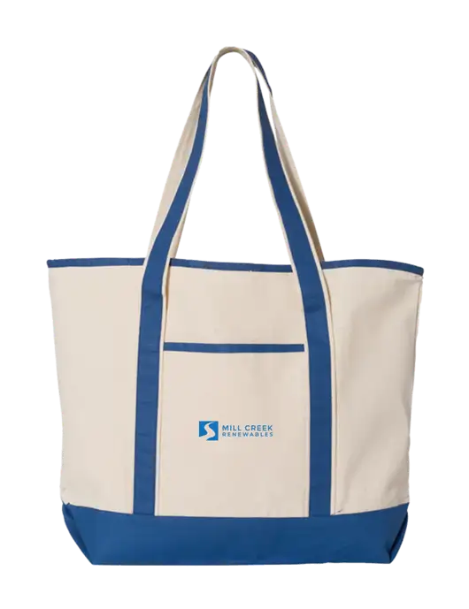 Natural/Royal Large Canvas Deluxe Tote w/Mill Creek Renewables Logo