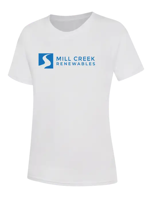 Womens White Core Blend Tee w/Mill Creek Renewables Logo