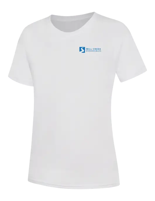 Womens White Core Blend Tee w/Mill Creek Renewables Logo