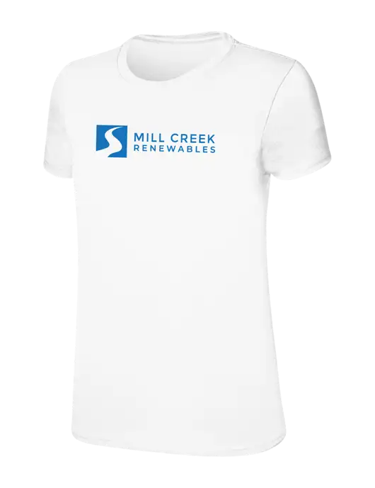 Womens Ring Spun White 4.5 oz T-Shirt w/Mill Creek Renewables Logo