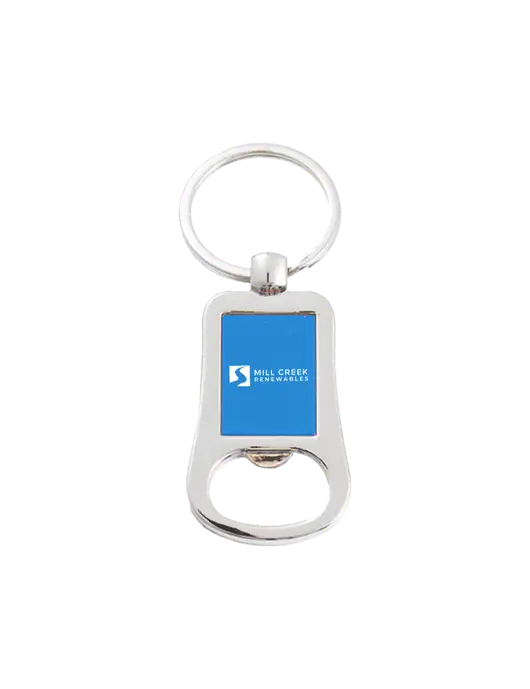 Silver & Blue Bottle Opener Keychain w/Mill Creek Renewables Logo