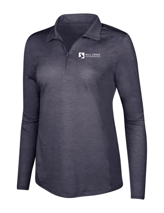 True Navy Heather Womens Posicharge Tri-Blend Wicking 1/4 Zip Pullover w/Mill Creek Renewables Logo